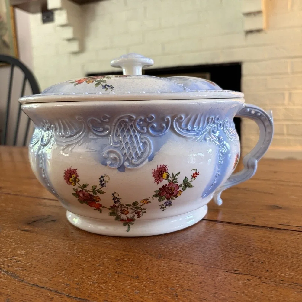 Arnel's Chamber Pot Roses Vintage Blue Painted Roses Floral Embossed Made In USA
